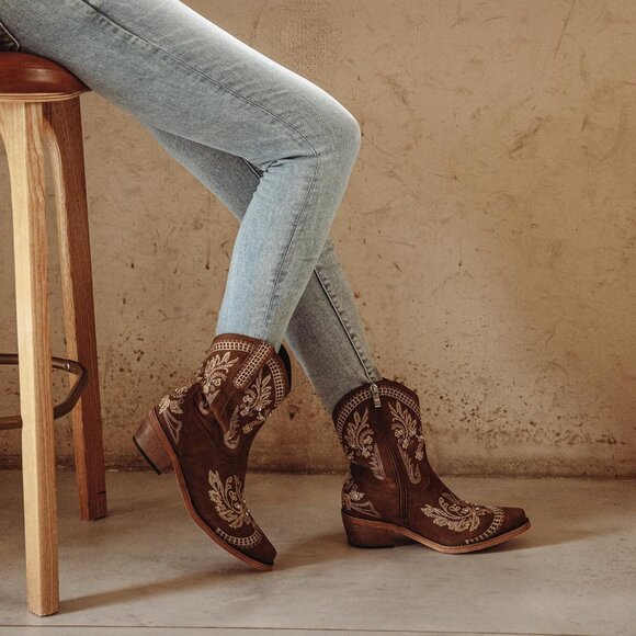 Women Brown Cowgirl with Sparkly Embroidered Rhinestone Short Western Ankle Boot - Picture 5 of 8